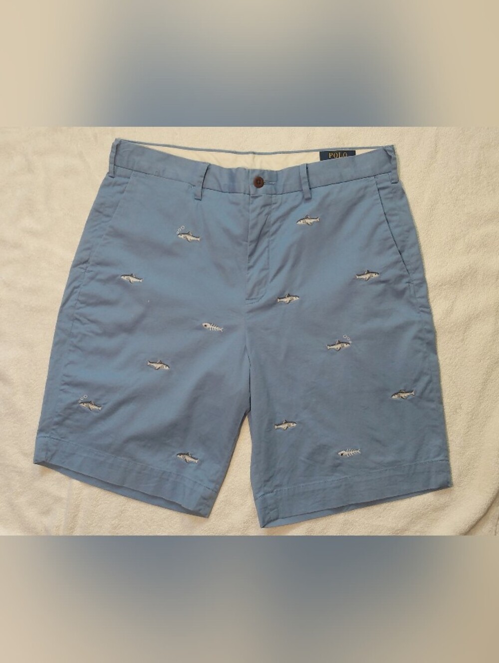 POLO RALPH LAUREN Sportsman Fish Allover Embroidery Preppy Blue Shorts - Mens 32